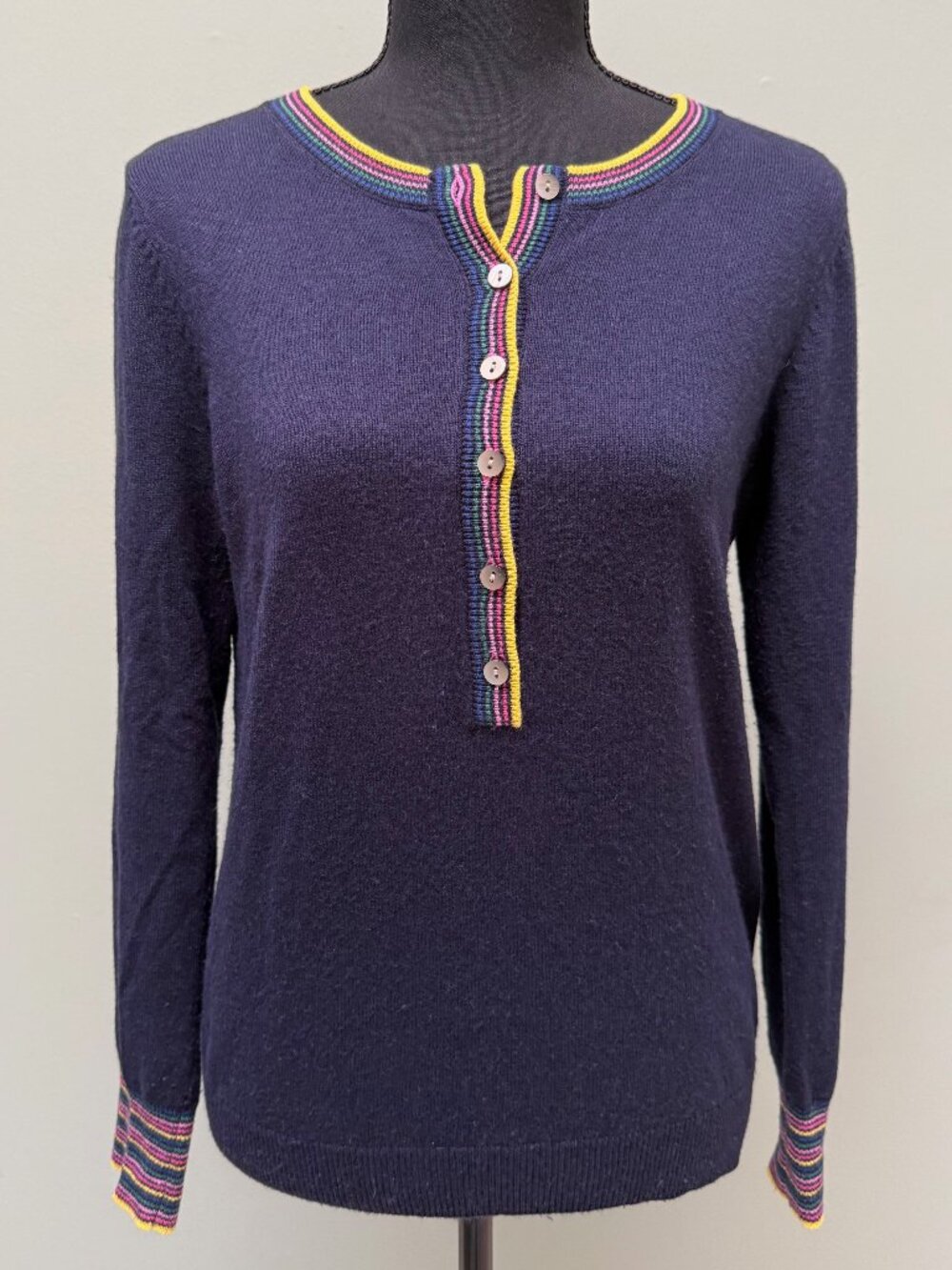 Boden Navy Rainbow Trim Henley Sweater Wool Cashmere Blend US 6